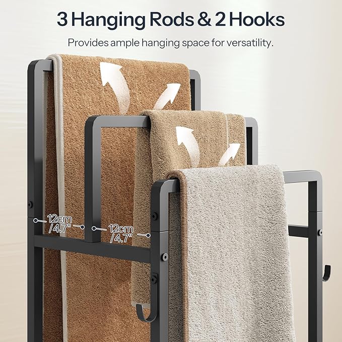 HOOBRO Freestanding Towel Rack for Small Bathroom, 3-Tier Towel Holder with Storage Shelf, Basket & Hooks, Space Saving Bathroom Organizer for Towels & Toiletries, Rustic Brown BF13LB01