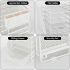 Desk Organizer with Drawer and Pen Holder, 5-Tier Paper Letter Tray Organizer with File Holder, Suitable for Workspace Organizer Office Supplies Storage (White)
