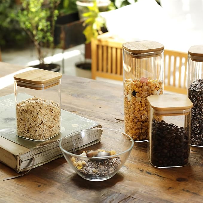 LIBWYS 16-Pack Square Glass Storage Jars with Bamboo Lids (0.6Qt/1.06Qt) - Stackable Food Containers for Pantry Organization, Coffee, Flour, Snacks, Tea | Kitchen Canisters Set