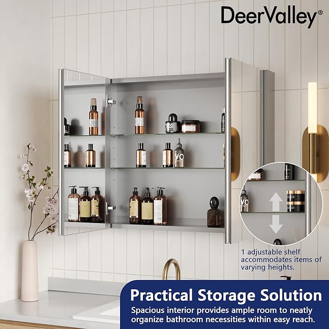 DeerValley Medicine Cabinet with Mirror, 30" W x 26" H Bathroom Mirror with Storage, Frameless Modern Wall Mount Mirrored Medicine Cabinets with Adjustable Shelf