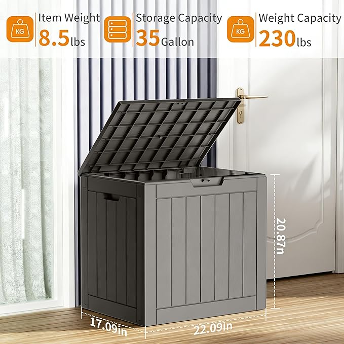 35 Gallon Outdoor Storage Box, Large Resin Deck Box for Patio Cushions, Garden Tools, Pool Accessories, Waterproof and Lockable Design, Storage Bench for Backyard & Deck(Gray)