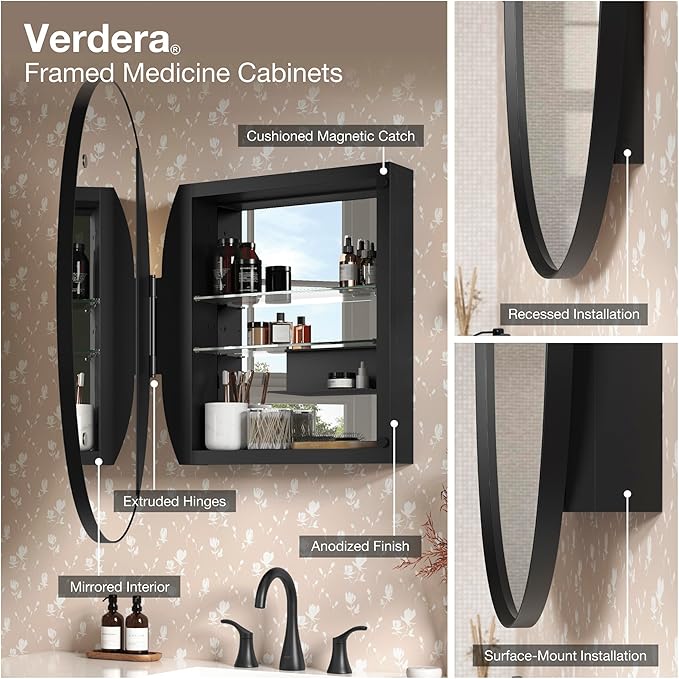 Kohler 35570-BGL Verdera® Framed Bathroom Medicine Cabinet with Mirror, Rectangular Design, Mirrored Interior, Adjustable Glass Shelves, Rustproof, 22 in. W x 34 in. H, Moderne Brushed Gold