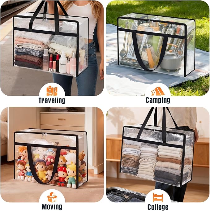 Clear Under Bed Storage Containers - 8 Pack Large Capacity Clothes Storage Bags with Lid & Sturdy Handles, Foldable Moving Bags, Clothing Organizer Totes for Bedding, Comforter, Sheet（90 L）