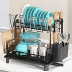 BOOSINY Dish Drying Rack, 2 Tier Large Stainless Steel Black Dish Rack with Drainboard Set for Kitchen Counter, Space Saving Plates Drainer Rack with Cups Holder & Utensil Holder, Dish Strainer Holder