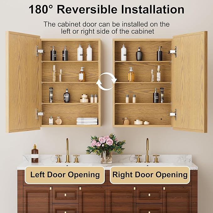 20x28 Inch Wood Medicine Cabinet with Mirror, Surface or Recessed Mounted Bathroom Cabinets with Adjustable Shelves, Soft-Close Hinges, Wall Mounted Cabinet for Storage