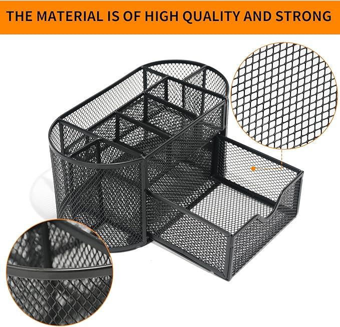 Desk Organizers and Accessories with Pencil Pen Holder Supply 8 Compartments and 1 Pullout Drawer for Home, School, and Office. (Black)