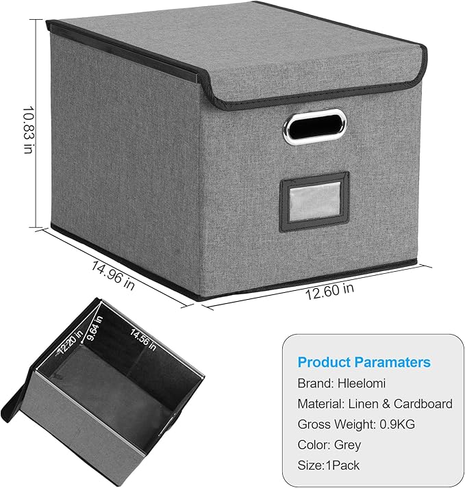 Collapsible File Box with Lid & Plastic Slide - Hanging Document Organizer for Office/Home, 14.96x12.6x10.83 Inch,Dark Grey, 1 Pack (No Folders Included)