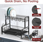 2 Tier Dish Drainers Drying Rack for Kitchen Counter Large Stainless Steel Dishes Drain with Drainboard, Space Saving, Big Modern Black Countertop Metal Plates Dryer Strainer Holder and Extra Tray