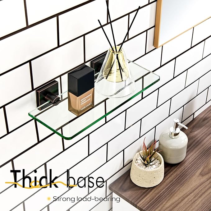 KOKOSIRI Bathroom Wall Shelves Glass Floating Shelf 12-Inch Tempered Glass Rack Shower Storage Decor, Oil Rubbed Bronze Stainless Steel B1107ORB-L12