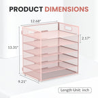 Daltack 6 Tier Paper Organizer for Desk, Paper Letter Tray Organizer for Desks, Mesh Desk File Organizers with Handle for Office, Home, School, Pink