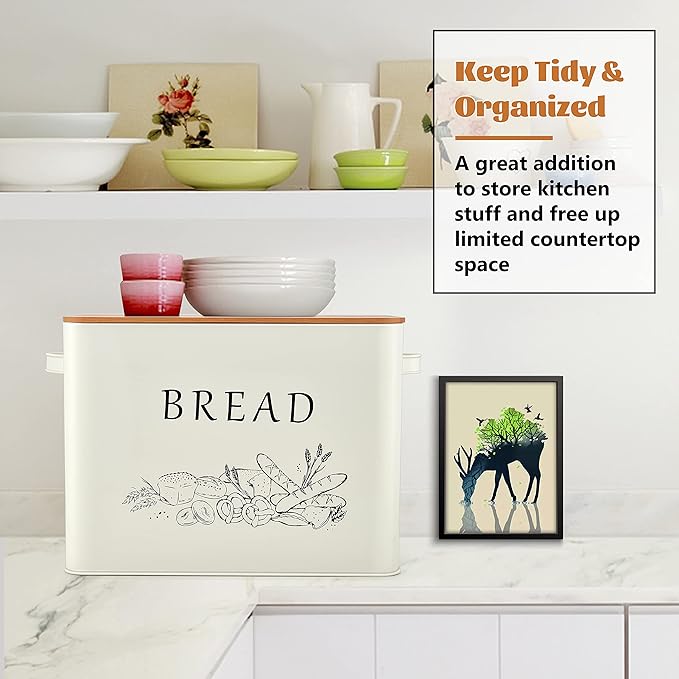 E-far Bread Box for Kitchen Countertop, Metal Bread Storage Container Bin with Bamboo Lid for Cutting Bread, Extra Large & Farmhouse Style, 13” x 7.2” x9.8”, Cream