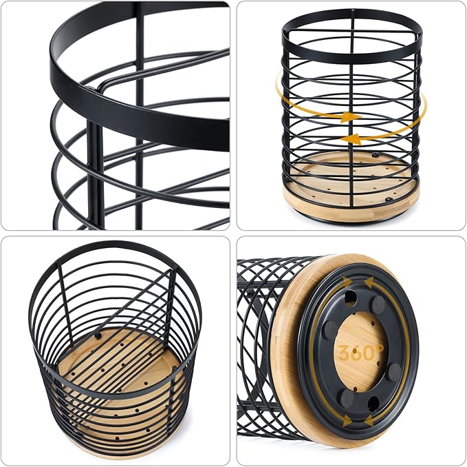 360° Rotating Utensil holder for Kitchen Counter 5.9 x 5.9 x 7.8 Large Round Utensils Holder with Wooden Base Matte Black Cooking Utensil Holder，Kitchen countertop Utensil Organizer
