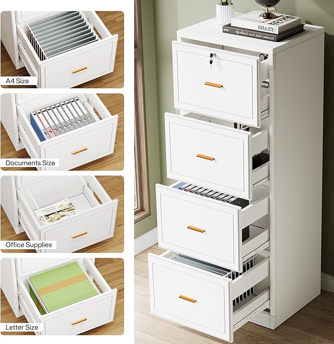 Tribesigns 4-Drawer File Cabinet with Lock, Locked File Cabinet with Key, Tall Wooden Filing Cabinets for Home Office, Vertical Office Storage for Legal Size/Letter/A4/Files, White (2 Pcs)
