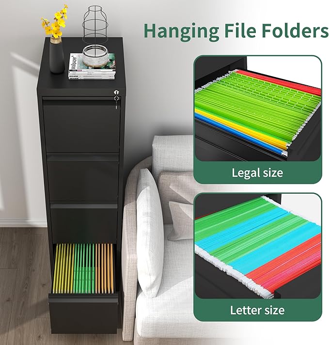 File Cabinet 4 Drawer with Lock, Vertical Filing Cabinets for Home Office, Metal Steel Storage Cabinet for Letter/Legal Size File, Assembly Required(Black)