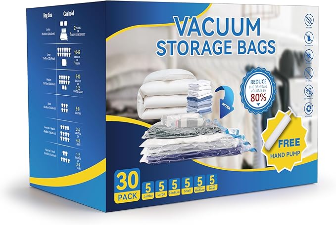 30 Pack Compression Storage Bags, Vacuum Storage Bags, Space Saver Bags for Comforters, Blankets, Pillows and Clothes Storage, Hand Pump Included (5 Jumbo/5 L/5 M/5 S/5 Roll M/5 Roll S)