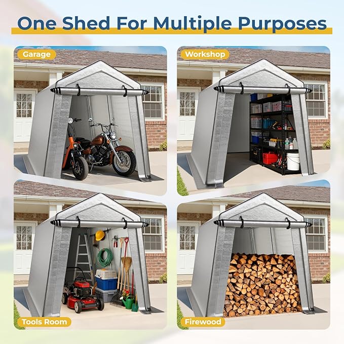 7 x 12 FT Carport, Portable Shed w/220G Heavy Duty Waterproof PE Tarp, Roll-up Zipper Door & Vent, Weather-Resistant Storage Shed for Motorcycle, Bike and Tools, Gray