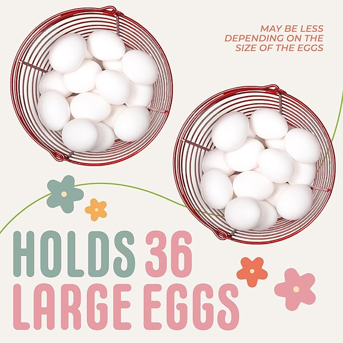 CONCORD 8" Egg Basket For Storage Collecting and Transporting Chicken and Duck Eggs. Farm Grade Wire Baskets. 2 Pack (Red)