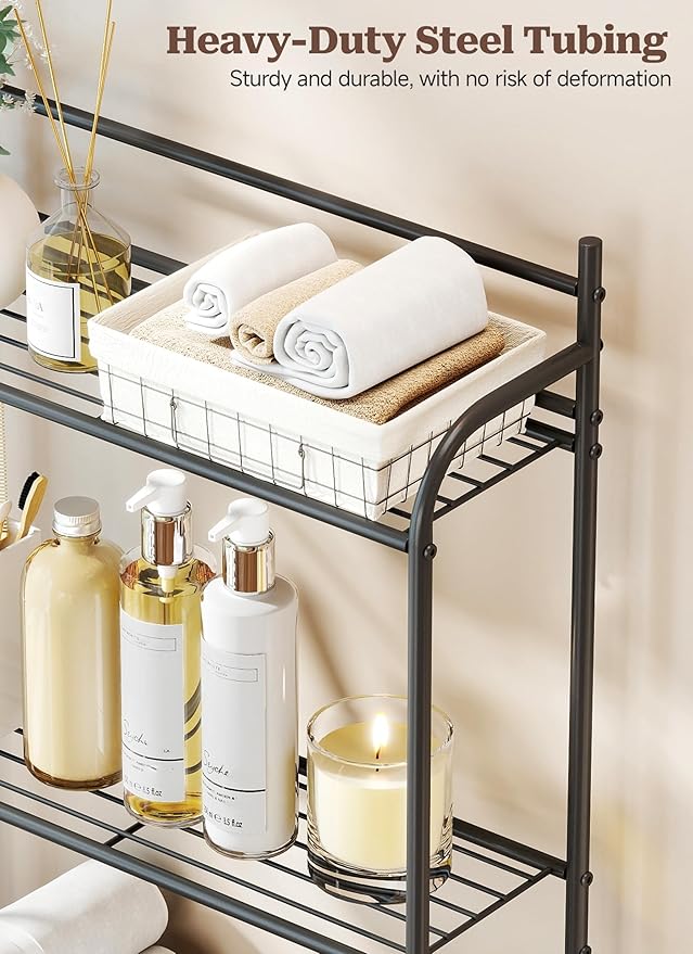 3-Tier Over The Toilet Storage, Bathroom Organizer, Space-Saving, Above Toilet Storage Rack with 4 Hooks and Paper Holder, Metal Shelf, Black