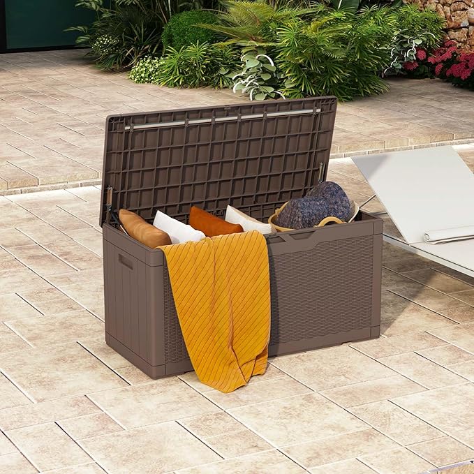Patiowell 100 Gallon Resin Deck Box, Waterproof Large Outdoor Storage Box for Patio Furniture and Garden Tools, Dark Brown