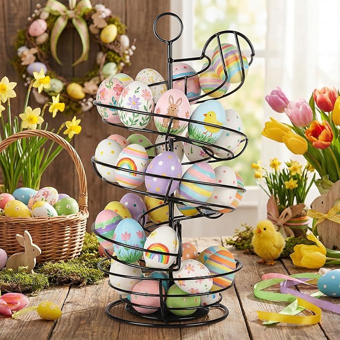 QUTREY Black Metal Egg Holder Countertop, Fresh Egg Skelter, Spiral Design Egg Dispenser Rack with Storage Basket for Display Easter Eggs