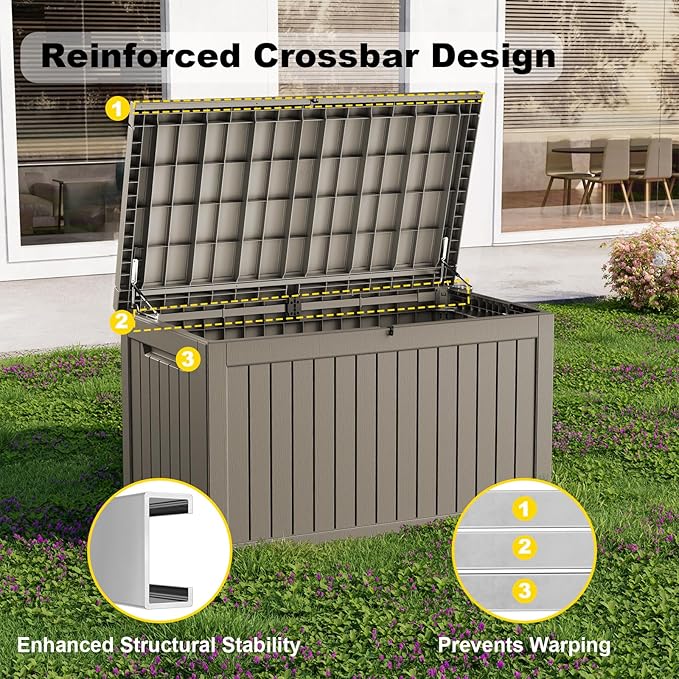 EasyUp 280 Gallon Outdoor Storage Box Waterproof, UV Resistant Resin Deck Box with Hydraulic Rod, Reinforced Stability for Patio, Garden, Striped Gray