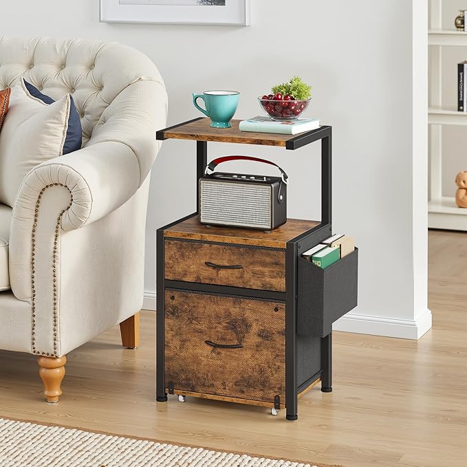 Filing Cabinet with 2-Tier Printer Shelves, 2 Fabric Drawers File Cabinet with Side Bag&File Drawer for A4/Letter Size, Printer Stand with Storage for Home Office, Rustic Brown, 16.5" W