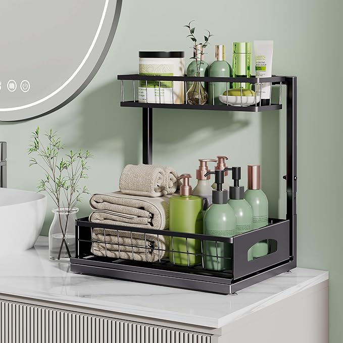 Under Sink Organizer, 2 Pack Cabinet Organizer for Kitchen, Height Adjustable Pull Out Heavy Duty 2 Tier Metal Under Sink Storage for Bathroom Pantry (Black, 1 Pack)