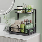 Under Sink Organizer, 2 Pack Cabinet Organizer for Kitchen, Height Adjustable Pull Out Heavy Duty 2 Tier Metal Under Sink Storage for Bathroom Pantry (Black, 1 Pack)