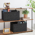Vagusicc Wicker Storage Basket, Set of 2 Hand-Woven Paper Rope Wicker Basket, Small Storage Baskets for Organizing Toilet Paper Basket, Foldable Large Cube Storage Organizer Bins for Shelves (Black)