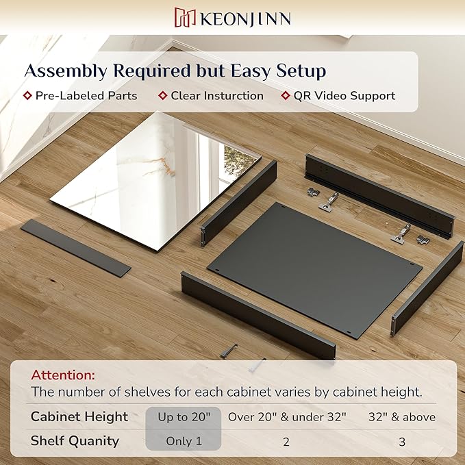 Keonjinn Black Medicine Cabinet 14 x 18 Inch, Assembly Needed, Small Bathroom Mirrored Medicine Cabinet, Lightweight, One Shelf Only, Freely Adjustable Shelves, Recessed or Wall Mount, Tempered Glass