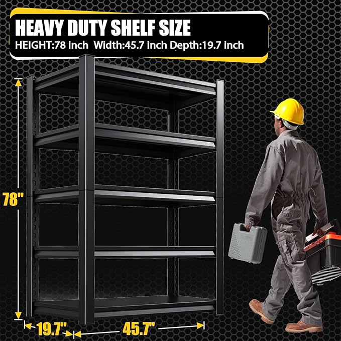 5-Tier Garage Shelving Heavy Duty, 3000LBS Garage Shelves, Adjustable Metal Shelving Unit, Garage Storage Shelves, Utility Storage Rack Shelf, Shelves for Garage Storage, 78" H×45.7" W×19.7" D