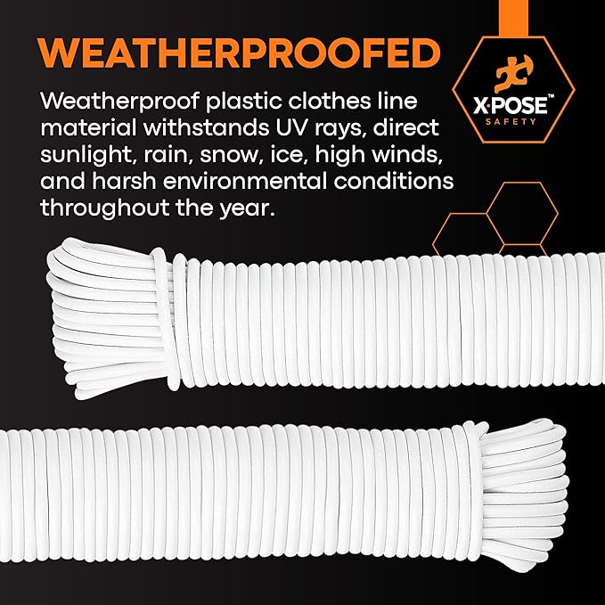 Plastic Clothesline - 100' Plastic Clothes Line - White Outdoor Weather Resistant - Synthetic Cord for Hanging and Drying Clothing & Laundry - Plastic Rope Clothes Line String for Pulley 2 Pack