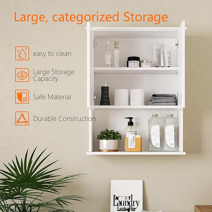 Medicine Cabinet, Over The Toilet Storage Cabinet, 24x30 Inch Bathroom Wall Storage Cabinet with 2 Door & Adjustable Shelves, Bathroom Cabinet Wall Mounted, for Laundry Room, Kitchen