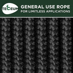 TECEUM Rope – 150 Feet x 1/4 Inch (7mm) – Black – Strong All-Purpose Utility Rope – Camping, Crafting, Flag Pole, Indoor & Outdoor – Polypropylene Nylon Poly Lightweight Diamond Braided Cord