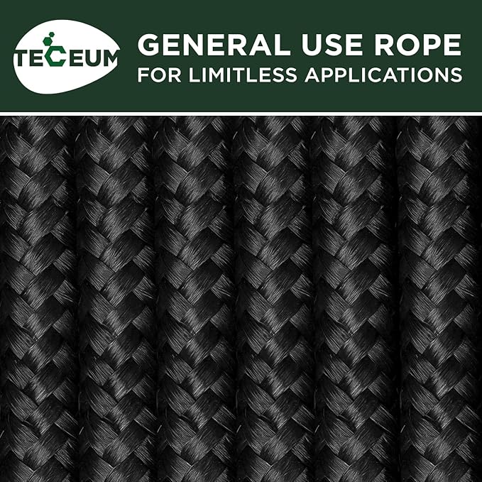 TECEUM Rope – 150 Feet x 1/4 Inch (7mm) – Black – Strong All-Purpose Utility Rope – Camping, Crafting, Flag Pole, Indoor & Outdoor – Polypropylene Nylon Poly Lightweight Diamond Braided Cord