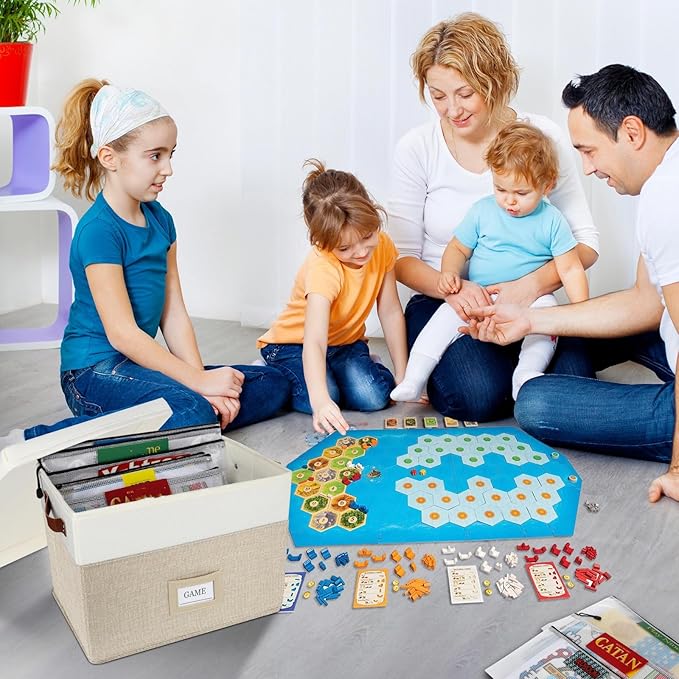 Board Game Storage, Board Game Organizer with 12pcs Zipper Bags and Writable Stickers, Board Organizers Storage with Lid for Office Supplies, Puzzles, Video Game, Craft Product,Beige