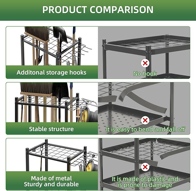 Garden Tool Organizer Stand with Wheels,Yard Tool Organizer for Garage with 2 Hooks, Rack Up to 42 Tools,Broom Holder & Garden Tool Rack for Shed, Patio, Outdoor Use