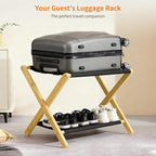 Heybly Luggage Rack, Folding Suitcase Stand with Storage Shelf, Heavy-Duty Luggage Holder for Guest Room Bedroom Hotel, Holds up to 165 lb, Natural, HLR010N1
