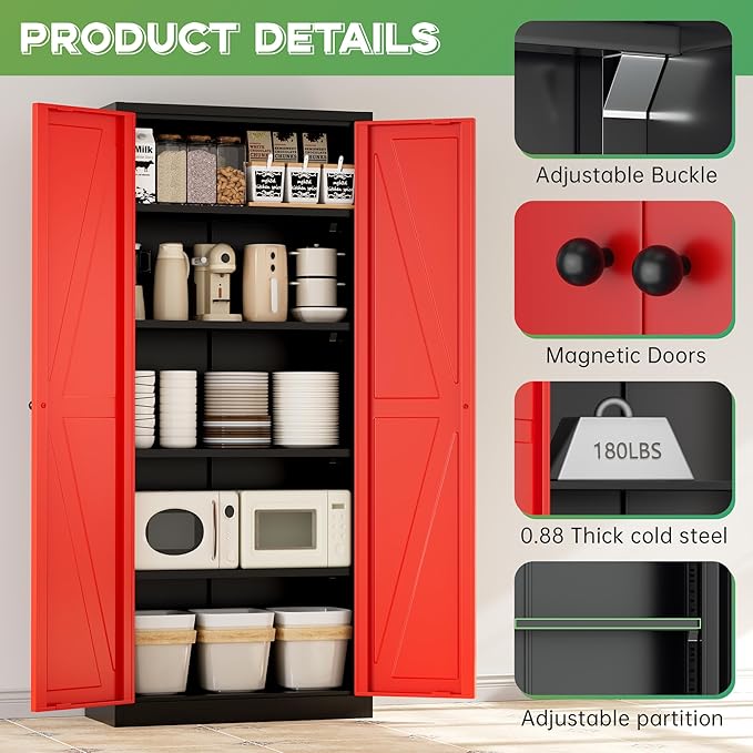 INTERGREAT Metal Storage Cabinet with Magnetic Doors, 63" H Modern Classic Style Metal Cabinets with 2 Doors and 4 Adjustable Shelves for Home Office, Kitchen, Bathroom (Black Red)