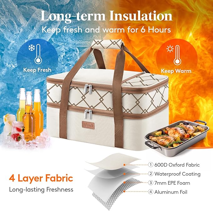 Lifewit Insulated Double Decker Casserole Carrier, Lasagna Lugger Holder for Hot or Cold Food, Fits 9" x 13" Baking Dish, Thermal Lunch Tote Bag for Potluck Parties, Picnic and Cookouts, Cream