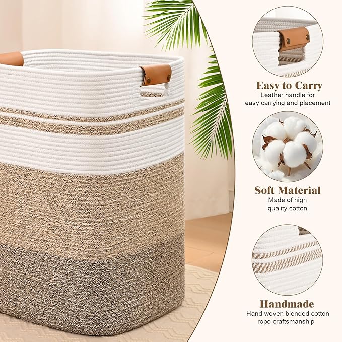 Laundry Hamper, 95L Tall Laundry Basket with Leather Handles, Rectangle Large Clothes Hamper for Organizing, Cotton Woven Laundry Baskets Storage Hampers for Bedroom, Nursery, Living Room