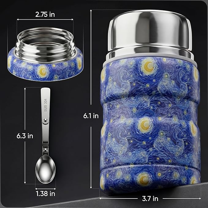 Earth&ME 17 OZ Soup Thermo for Hot & Cold Food for Kids, Vacuum Insulated Steel Lunch Container, Kids Wide Mouth Bento Thermal Food Jar, Warm Food Lunchbox Thermo Bowls with Spoon (Starry Night)