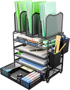 Simple Trending 5 Tier Mesh Desk File Organizer, Paper Letter Tray File Holder with Sliding Drawer Organizer for Office Home, Black