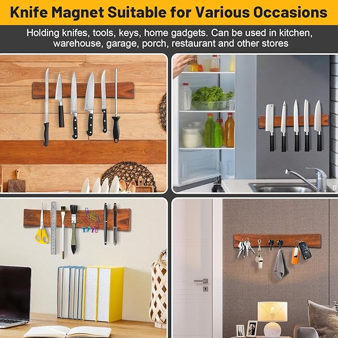 Knife Magnetic Strip, Acacia Wood Magnetic Knife Holder for Wall Mount Fridge Refrigerator, Knives Magnet Bar Tool Utensils RV Utensil Holder Metal Kitchen Rack Holder Organizer Accessories 10 Inch