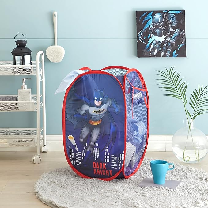 Batman Pop-Up Hamper with Durable Carry Handles, Kids Laundry & Room Storage Organizer, 21”H x 13.5”W x 13.5”L, Blue