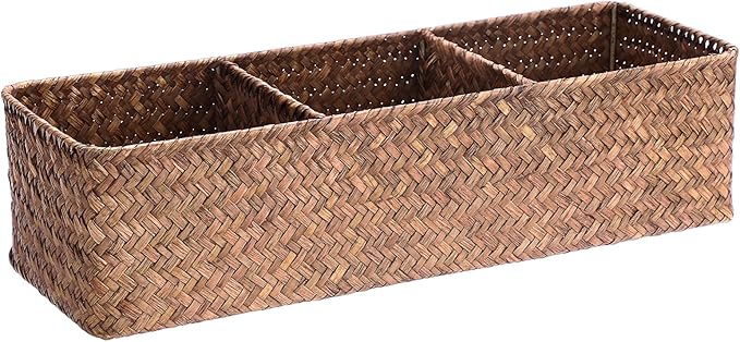 Hipiwe Handwoven Wicker Storage Box 3 Sections Seagrass Basket Bin Toilet Paper Holder for Bathroom Shelf Organizer for Kitchen Living Room, Coffee Color
