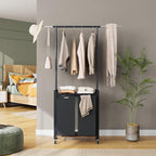 2-Section Rolling Laundry Sorter Cart with Hanging Rod & Utility Shelf, Large Capacity Lockable Wheels Laundry Hamper Basket Organizer for Laundry Room, Bathroom, Bedroom - Rustic Black