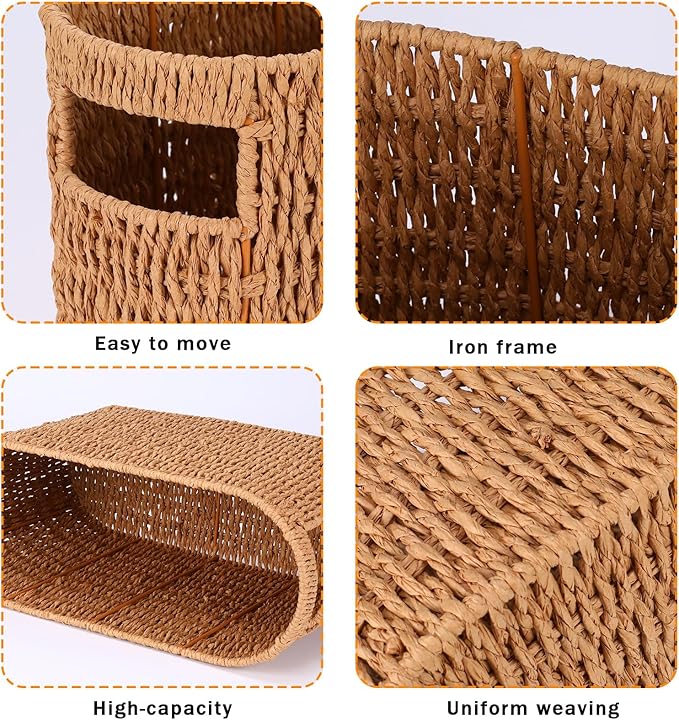 Toilet Paper Holder, Paper Towel Organizer, Wicker Storage Basket with Handles, Bathroom Decor and Accessories, Holds Up to 6 Mega Rolls