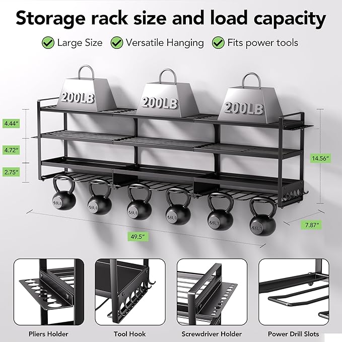Power Tool Organizer Wall Mount with Charging Station – 12 Drill Holder Rack with 8-Outlet Power Strip, Heavy Duty Garage Battery Charging Station, Tool Storage Rack for DeWalt, Milwaukee