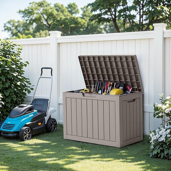 Vixzen 45 Gallon Waterproof Resin Deck Box, UV Resistant Outdoor Storage for Garden, Patio, Porch, Delivery（Grey，45 Gallon）